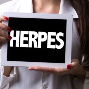 Young lady holding a herpes board concepts